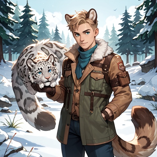 Male human boy with snow leopard ears and tail 