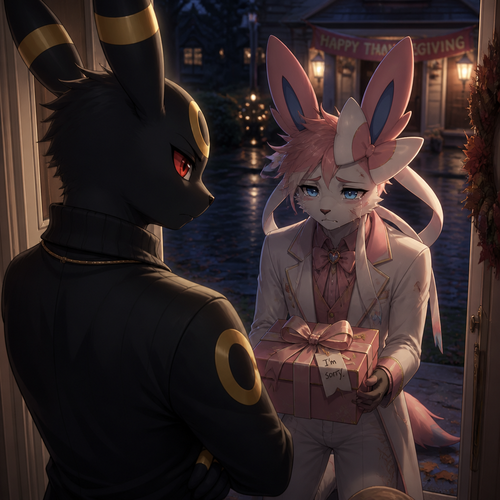 An evil but broken well-made Pokemon male character, a rich Sylveon who’s at the front door outside carries a gift box with ribbons for an apology for his behavior and his actions while beg the male Umbreon for forgiveness at today’s thanksgiving in the anthro verse. A serious animation image.