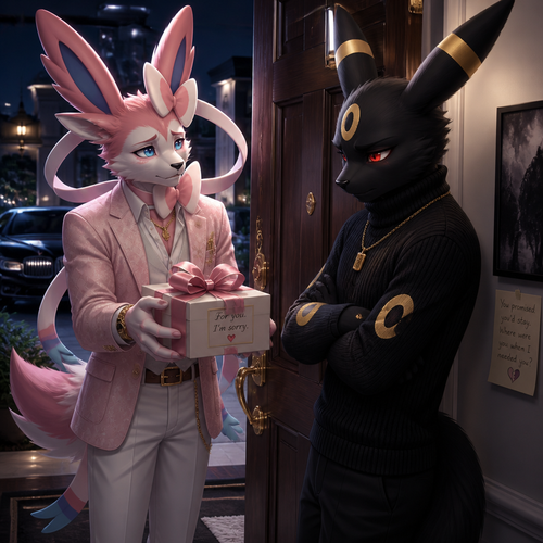 You are a rich male Sylveon FP, who’s offering an apology gift with a bow on it, facing an unhappy male Umbreon that wears black sweater standing on a front door inside residence still heart broken. In an anthropomorphic universe.