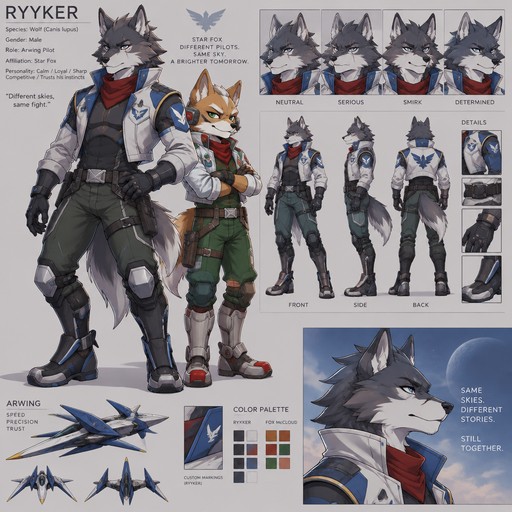 A male anthropomorphic wolf that is a Arwing pilot and is standing next to Fox McCloud, reference sheet, one big picture