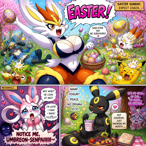 A busty well-made fluffy female Pokemon character, Cinderace. Who celebrates on today’s Easter Day and shouts, EASTER! And wrecking up a place like a crazy party girl while she knocked other Pokemon by throwing eggs at them but A cute but creepy but a gay male Sylveon just as sad and irritating about being ignored by a male Umbreon while eating a healthy yogurt distracted and appreciated. All well-made characters. A dramatic and a funny comedy show. Animated views. Spring season.