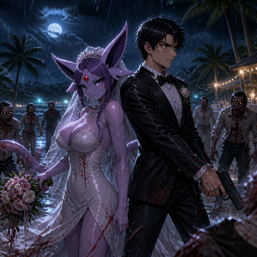 In this reality, at the wedding right before everything was perfect but then after the zombies came crashed and ruined the party became a blood bath. A busty adult female Espeon the bride and her adult human groom as husband and wife stand together and face the living dead at night. A well-made anime version. A modern life. On a tropical island. Gotten all wet by the rain.