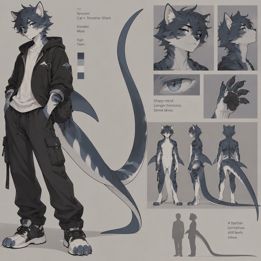 A teenage male anthropomorphic cat and thresher shark hybrid