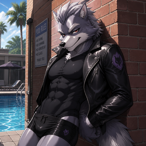 Wolf O’Donnell wearing tight black swim trunks and a tight black shirt and a leather jacket. He has a smirk on his face and push the fur on his head back. He is leaning against a brick building near a pool. Anime style art