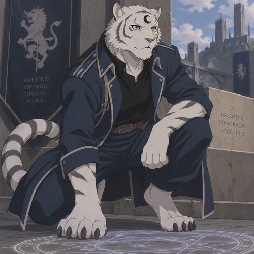 male, anthro, white tiger, black crescent on forehead, blue eyes, digitigrade footpaws, fullmetal alchemist
