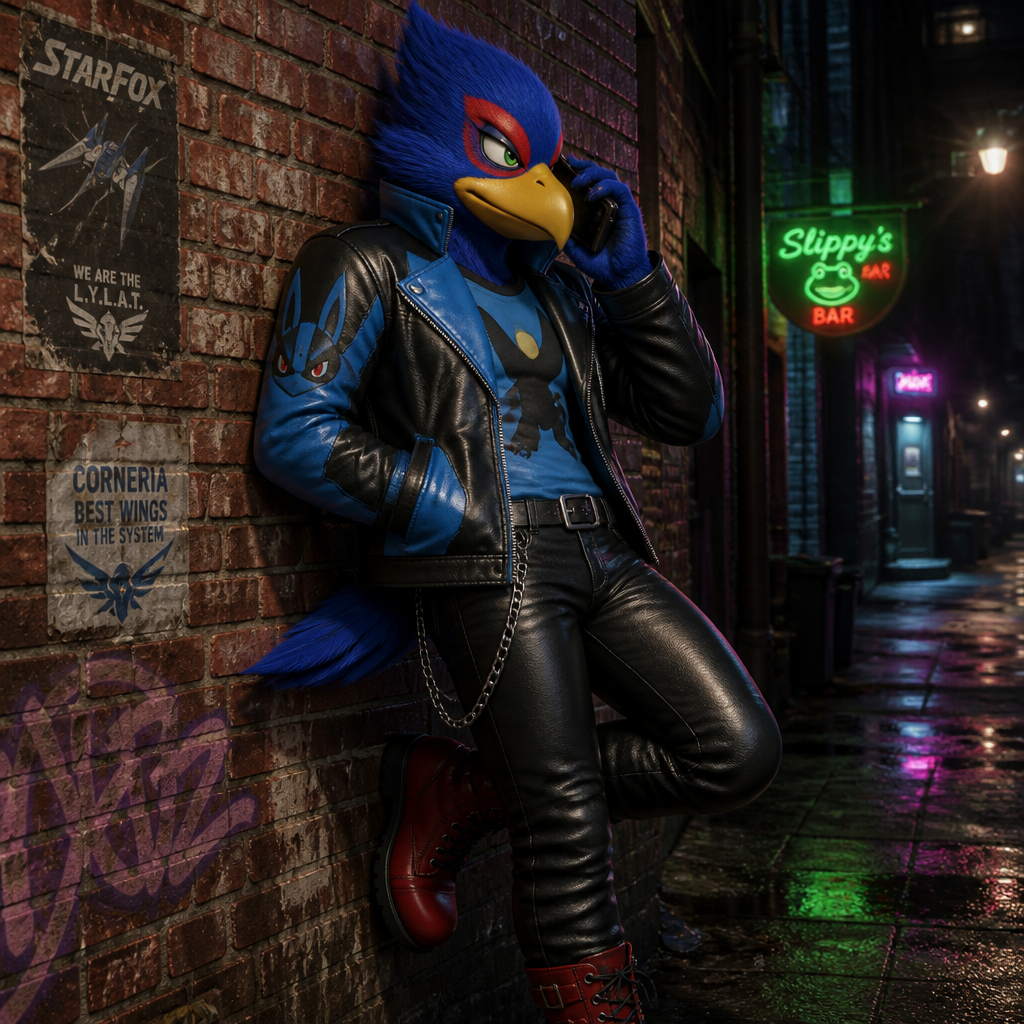 Falco Lombardi wearing a Lucario style leather jacket with a Riolu style shirt underneath it, tight black leather pants and red combat boots. He is leaning against a brick wall talking with someone on his cellphone.