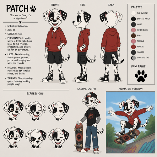 A male teenage anthropomorphic Dalmatian named Patch who has a spot over his right eye, reference sheet, animated version 