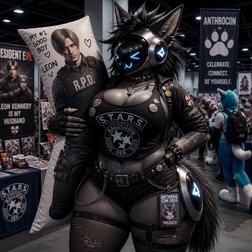 A busty tomboy Protogen (a well-made female character) a big fan of Leon Kennedy in Resident Evil saga. Has thigh thiccness. A punk. Carrying a body pillow. Inside a Anthro Convention Center.