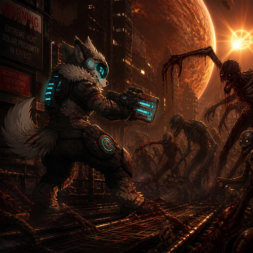 A thick fluffy Protogen in Dead Space universe, carrying a plasma cutter for self defense and fighting for survival in a city in space, close to the planet and near the sun. A well anime version. A sci-fi horror. Side to side view. A Scary art view. Horrifying characters.