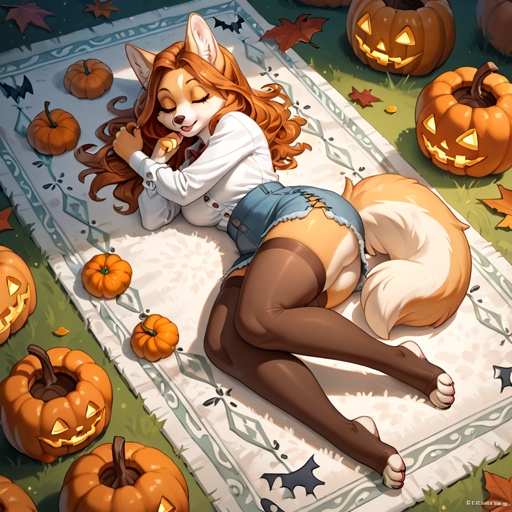 A very well made female character, a corgi. Backsack. Lying on the carpet on the ground of autumn season. A few kitty plushies. A Halloween theme. Sleeping and has; do no disturb sign. Has thick hips and thighs also a huge butt. Gorgeous and attractive. At the garden.