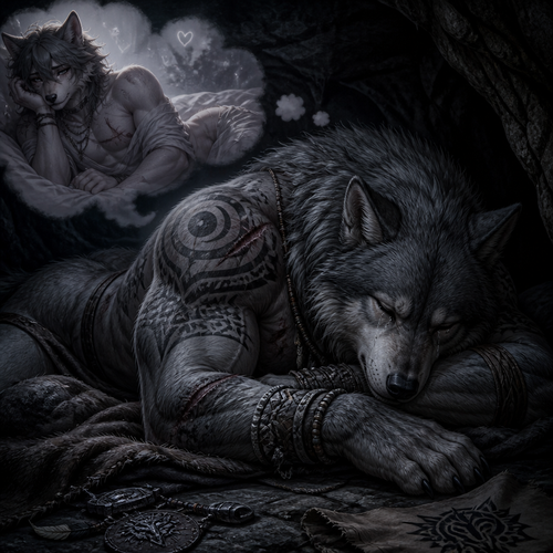 A well-made big and strong alpha male grey wolf tribal adult who is very sad and alone in a cave, sleeping yet sob a little, and dreaming in thoughts of how much he misses his ex-mate the grown femboy omega male grey wolf tribe despite his regrets and never forgave his father the alpha male in his sleep.