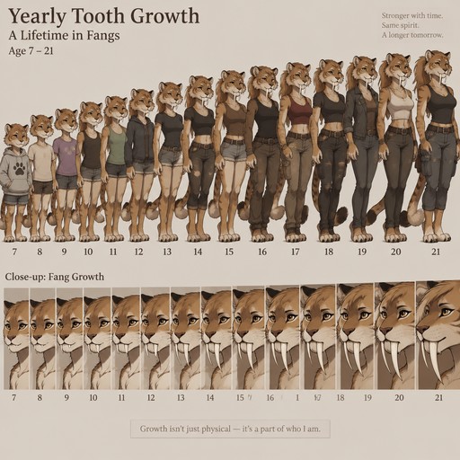 A female anthropomorphic saber tooth tiger, shows her yearly tooth growth from when she was 7 to when she is 21