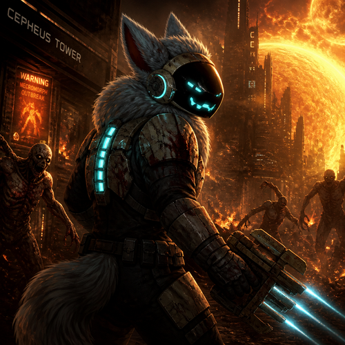 A thick fluffy Protogen in Dead Space 2 with a plasma cutter for self defense and fighting for survival in a city in space, close to the planet and near the sun. A well animated version. A sci-fi horror.