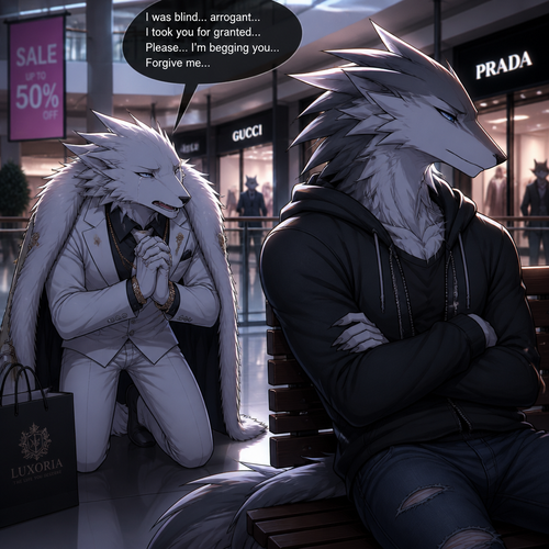 An arrogant billionaire male Sergal who came to see and apologizing for the things he did/said by begging forgiveness to an ex-boyfriend male Sergal who’s not rich enough yet unhappy mood while looking away at the mall. Anime drama.