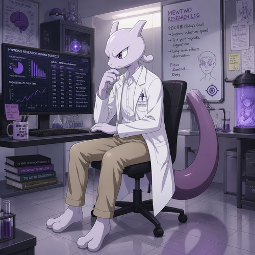 A middle school aged male Mewtwo wearing tan khaki pants, white button up shirt, and a lab coat. He is sitting at his computer in his laboratory looking at the data he has collected on hypnotizing humans. Anime art style, solo, full body.