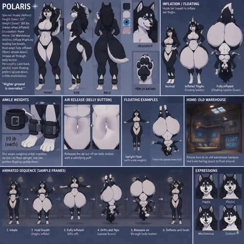 A curvy female anthropomorphic husky named Polaris that can inflate her thighs by holding her breath, can float when she's fully inflated, floats upside down because her center of mass is above her hips, has a pair of weighted ankle bracelets so she can float upright but she prefers upside down, lives in a old warehouse because she likes floating around, has black fur with a white underbelly, toned abs, release the air out of her belly button, reference sheet, animated version