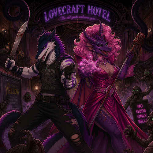 In the animated version of this universe, two adult male characters fight for their lives together against the undead inside the Lovecraft hotel. A bisexual Sergal and the drag queen the Dragon. Do better with music. Front view.