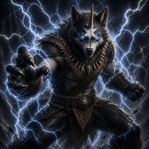 A male anthropomorphic wolf with fur in the shape of a star colored white on his forehead and a horn growing out of the middle of his forehead. He is wearing hide armor and has lightning surrounding him. Is in an intimidating fighting pose.