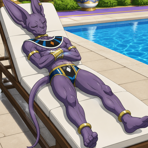 Beerus from Dragon Ball Super wearing tight Egyptian inspired swim trunks. He is sleeping on a pool chair. Solo, full body.