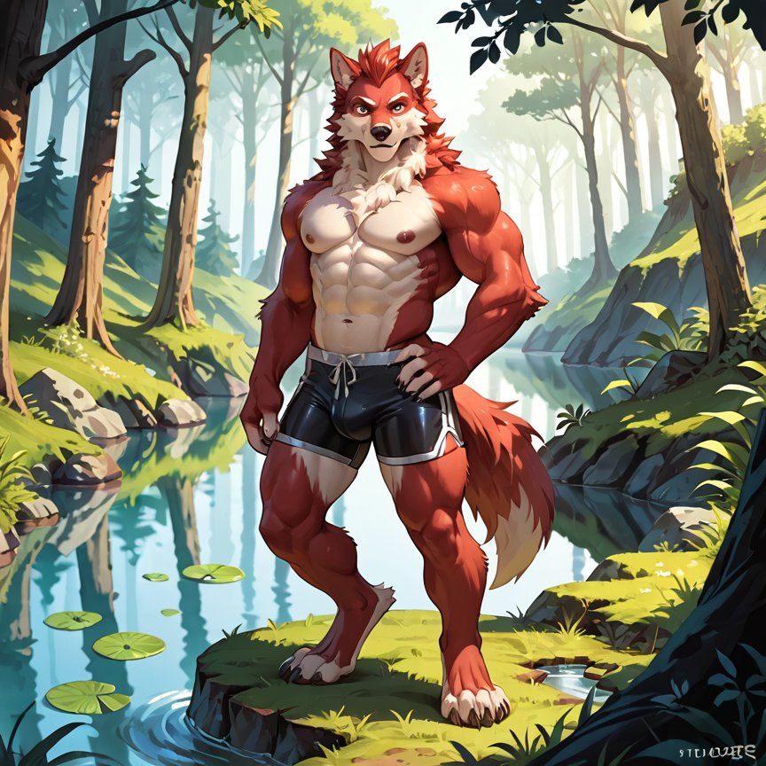 A young muscular male red werewolf | furry.ai