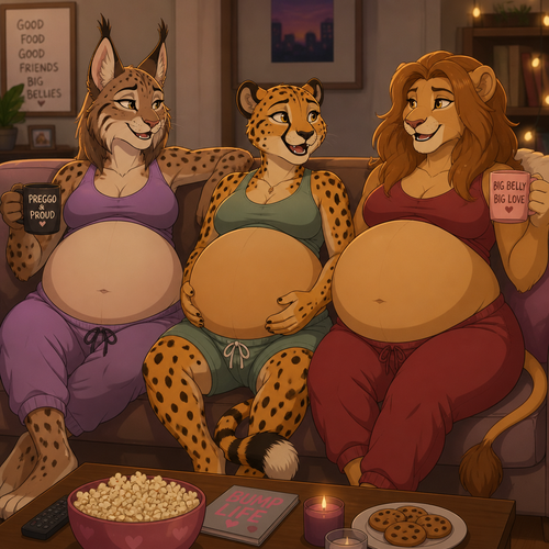 A female anthropomorphic Lynx with a pregnant belly the size of a exercise ball, a female anthropomorphic cheetah with a pregnant belly the size of an exercise ball, and a female anthropomorphic lion with a pregnant belly the size of a exercise ball hanging out together on a couch, animated version 