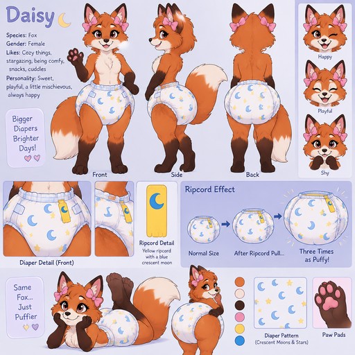 A female anthropomorphic fox named Daisy, wears a big puffy diaper, has a ripcord on her diapers that make them three times as puffy when she wants to, the ripcord is yellow with a blue crescent moon on it, has a crescent moon and star pattern on her diapers, has pink bows on her ears, reference sheet