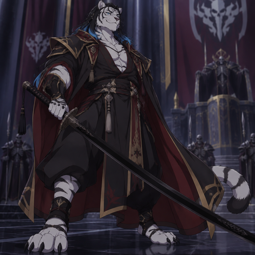 male white tiger anthro, black hair to the shoulders with blue tips, blue eyes, digitigrade footpaws, Overlord style, black odachi, smug warrior

