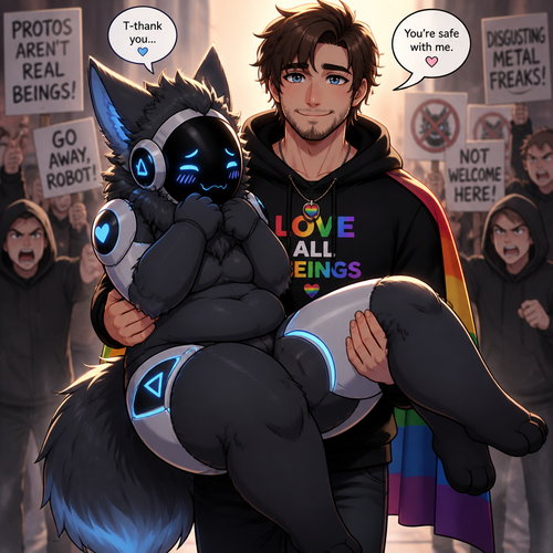 A shy (well-made original character) thick grown Protogen who’s been carried by a friendly/loving Human male as a liberal and a Protogen lover who is saving from the haters. Well-made animated version. Front view.