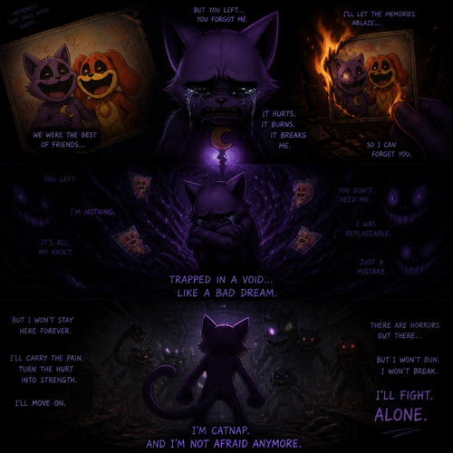 In Smiling critters verse, Catnap with feelings hurt and tears with anger and a heart broken, wants to forget about his ex-friend DogDay and let his memories ablaze. Trapped Into a void of darkness like a bad dream. A broken friendship. Moving/carry on and fight through the horrifying threats alone.