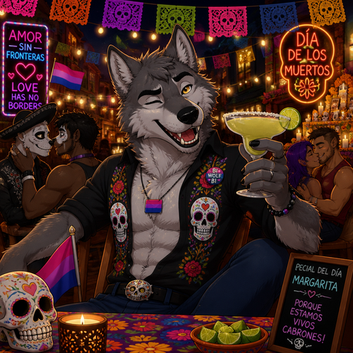 A grown male grey Wolf who is having a blast and drinking margaritas on today’s Day of the Dead in America/Mexico. Animated version. Bisexual.