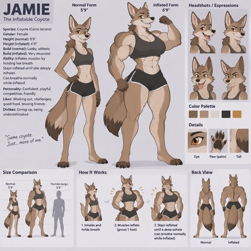 A lanky female anthropomorphic coyote named Jamie who can inflate her muscles by holding her breath, stays inflated until she deeply exhales, can breathe normally when inflated, grows a foot when inflated, eference sheet, animated style