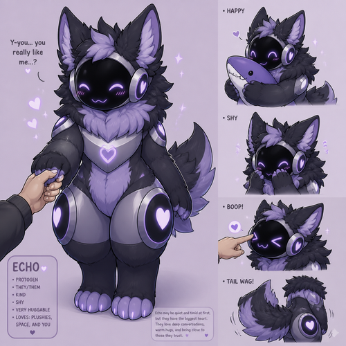 A thick (well-made original character) beloved fluffy Protogen, holding a hand from a friendly human on front view, and shy in a good way. Well-made animated version verse.