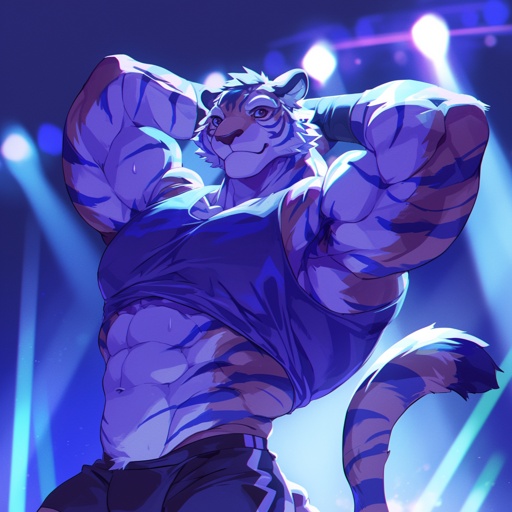 Create a buff furry art piece showcasing a tiger bodybuilder mid-pose on stage, every striation and vein visible through the fur, muscles rippling under stage lights. --niji 6