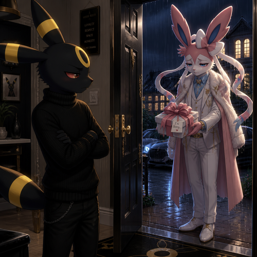 An unhappy well-made Pokemon male character, Umbreon that wears a black sweater, standing inside of his house with a door open, sees a billionaire male Sylveon standing outside, and a sad look who’s offering a gift with ribbons on it for an apology. In an anthropomorphic verse. Side effects.