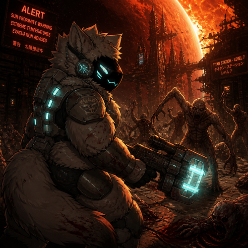 A thick fluffy Protogen in Dead Space universe, carrying a plasma cutter for self defense and fighting for survival in a city in space, close to the planet and near the sun. A well anime version. A sci-fi horror.