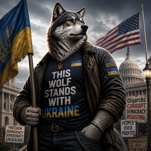 A well-made male Wolf character who is brave and the stubborn liberal one from the US who supports Ukraine 🇺🇦 from a Russian invasion and disgusting at the corrupted republic billionaires.