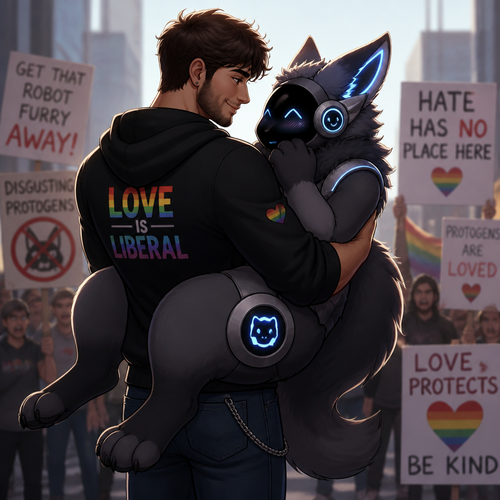 A shy (well-made original character) thick grown Protogen who’s been carried by a friendly/loving Human male as a liberal and a Protogen lover who is saving from the haters. Well-made animated version. Side/back view. Looking at each other. Art style.