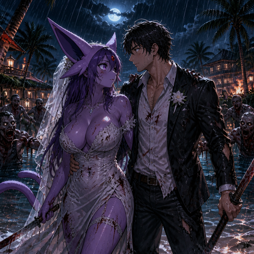In this reality, at the wedding right before everything was perfect but then after the zombies came crashed and ruined the party became a blood bath. A busty adult female Espeon the bride and her adult human groom as husband and wife stand bye side together and face the living dead at night. A well-made anime version. A modern life. On a tropical island resort. Gotten all wet by the rain. Front/side view. Love and support each other. Looking at each other with hope and still alive.