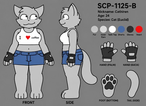 Gray cartoon cat character reference sheet with front and side views, clothing, and paw diagrams.