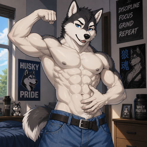 A young male husky wearing loose blue jeans with a belt on his waist and no shirt. Flexing his arms showing off his muscles while rubbing his 8 pack abs. Anime art style