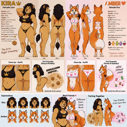 A female anthropomorphic lion named Kira that has a black mane and deep rumbling farts that smell like cookies and is best friends with a female anthropomorphic fox named Amber that has gentle squeaky farts that smell like different kinds of soda, they have special farting outfits, Kira’s outfit is a sports bra and cotton thong that has crown symbols on them and Amber’s outfit is a sports bra and cotton thong with heart symbols on them, animated version, reference sheet 