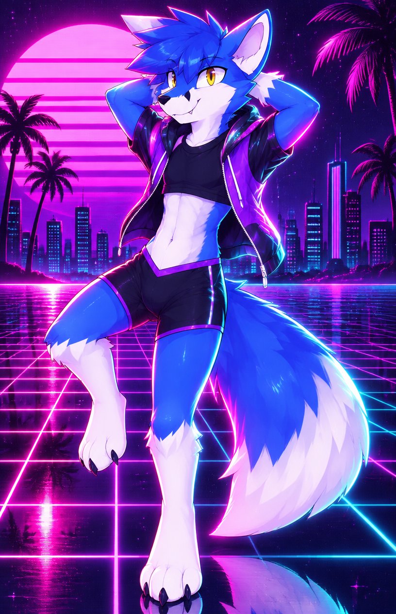 Blue anthropomorphic fox in black outfit standing in neon retro-futuristic cityscape art