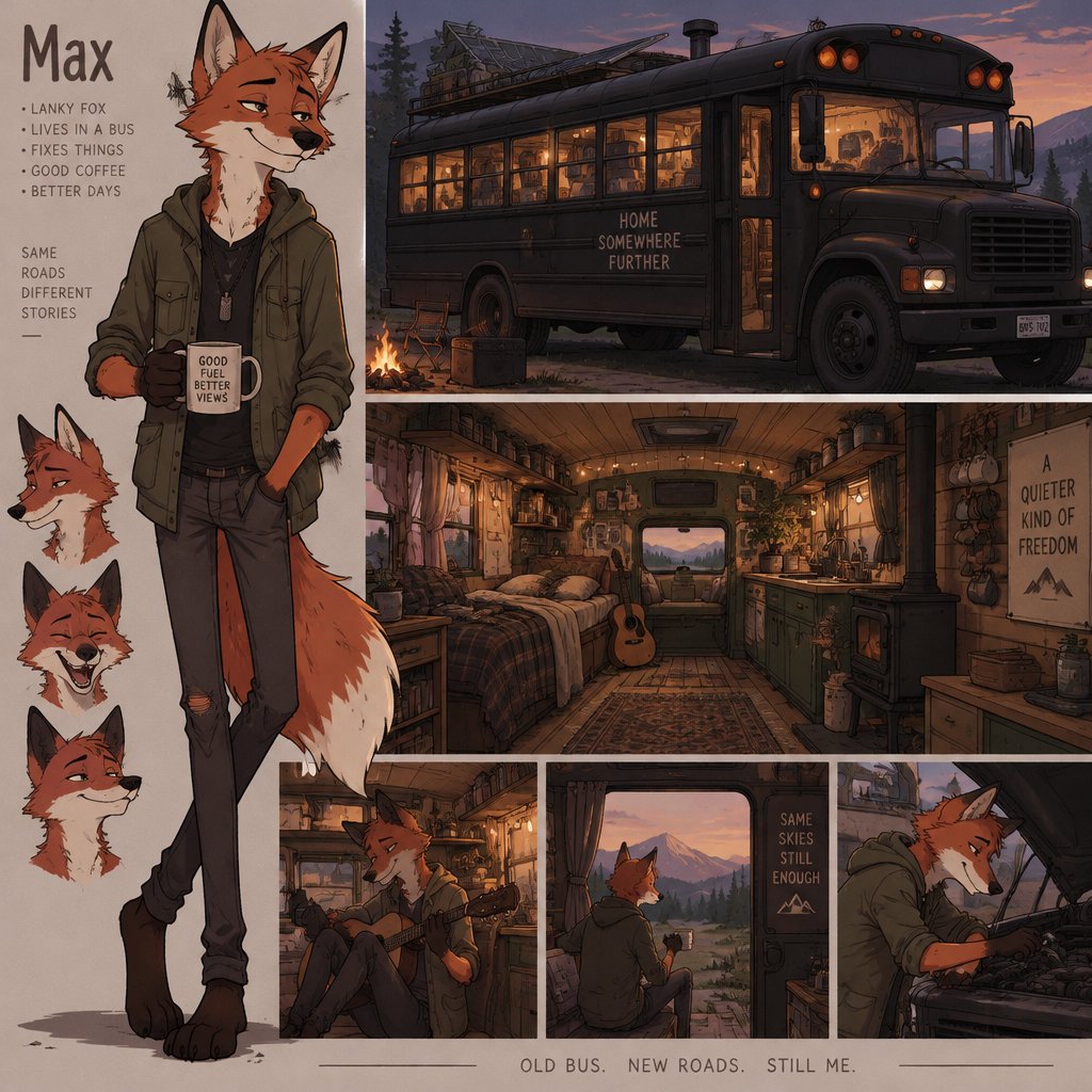 A lanky male anthropomorphic fox named Max that lives in a old school bus, he has redone the interior to be a living space and painted the exterior black, animated style