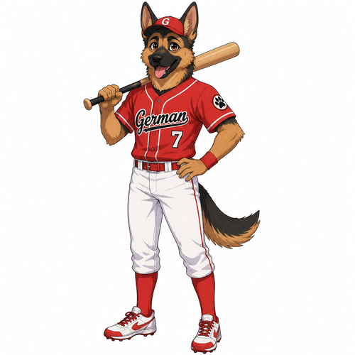 A young male German shepherd wearing a red baseball uniform. Anime art style, solo, full body.