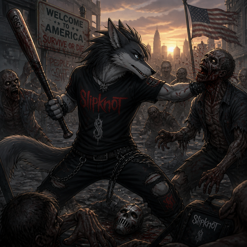 A grown male grey Wolf/Sergal who is fighting the zombie for life in America at the dawn. Animated version. A fan of Slipkot band.