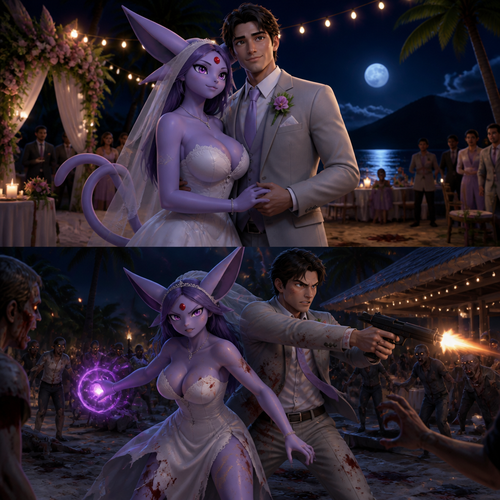 In this reality, at the wedding right before everything was perfect and then after the zombies crashed the party. A busty adult female Espeon the bride and her human groom as husband and wife stand together and face the living dead at night. A well-made animated version. A modern life. On a tropical island.