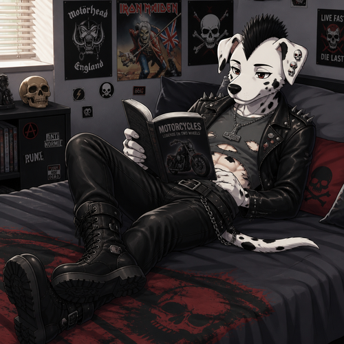 A middle school aged male Dalmatian wearing leather pants, grey shirt with rips and tears showing some abs, leather jacket with short spikes, combat boots, and a short black Mohawk. Right ear is pierced with three skull shaped earrings, has a Mjölnir pendant around his neck and a skull ring with rubies for eyes on his right hand. Laying on his bed reading a motorcycle book. Anime art style, solo, full body.