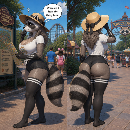A well-made adult female raccoon character with a shirt on that has thigh highs and boobs who’s looking for something like a car keys for a caddy also wears a sun hat. Animated version. At the themed park. Side view. Backshot view.