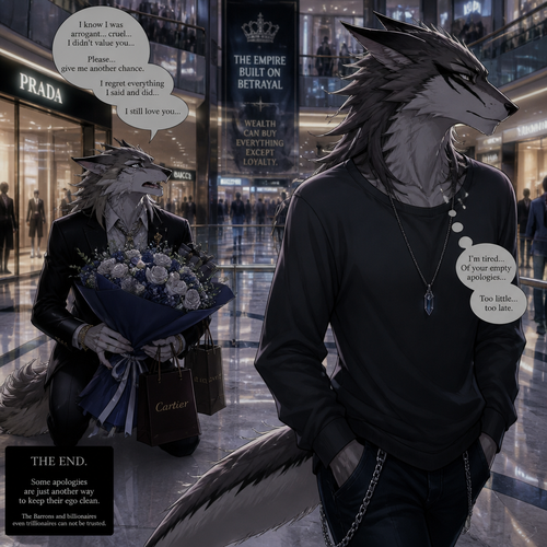 An arrogant billionaire male Sergal who brought gifts and flowers for an apology for the things he did/said by regret while begging forgiveness to an ex-boyfriend male Sergal that wears a necklace who’s not rich enough yet unhappy mood while looking away to ignore while walking away at the mall. A sad ending anime. (The Barrons and billionaires even trillionaires can not be trusted)