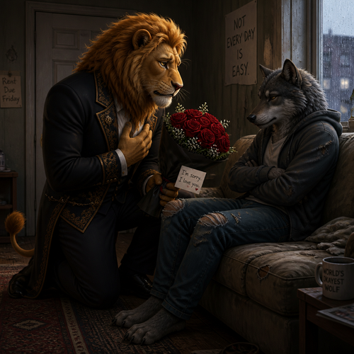 A (well-made grown anthropomorphic male character) rich Barron a Lion with a sad look that wears whatever he wears who came to see a unhappy non-rich anthro male grey Wolf for an apology for how he’s sorry and tell him he loves him and says his feelings for him because he’s gay.